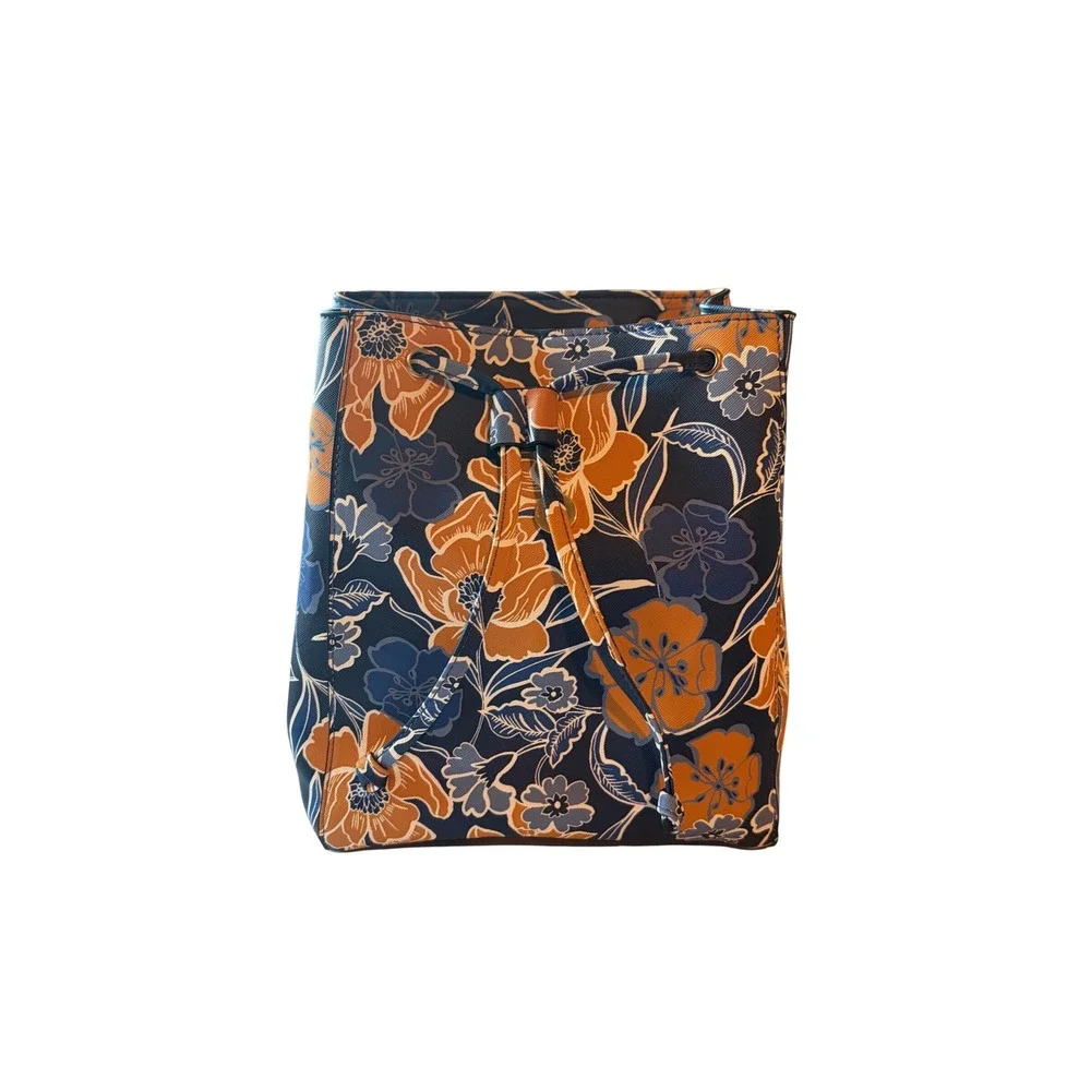 Jacklyn SmithFloral Print Faux Leather Drawstring Backpack Navy Orange Botanical